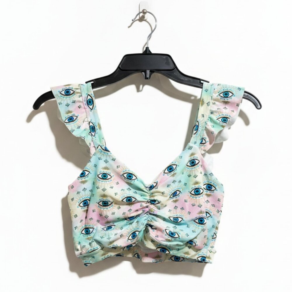 Evil Eye Tie Dye Ruffle Strap Crop Top - Pastel Boho Festival Gypsy Style NEW